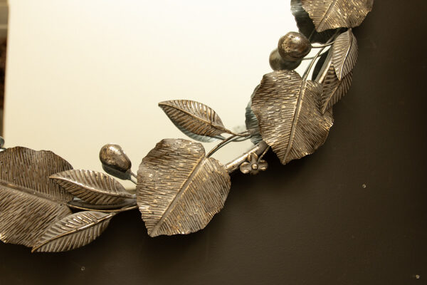Round Rustic Metal Framed Mirror with Leaf and Fruit Detail