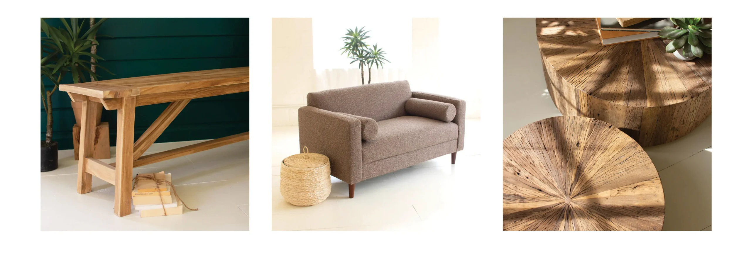 grid with three images: wooden console, boucle loveseat, and recycled wood accent tables
