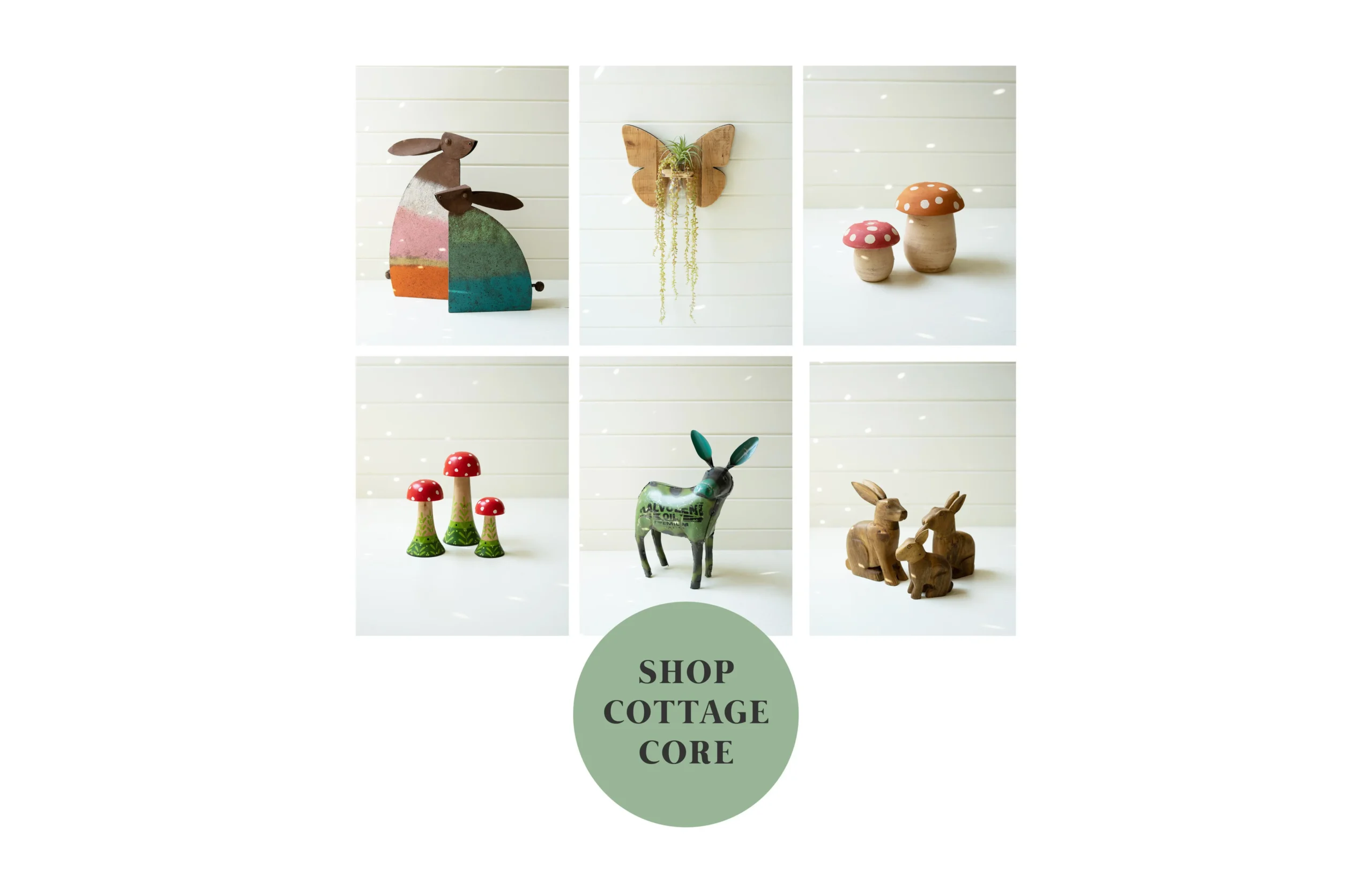 grid of 6 product silos. set of two metal rabbits, butterfly wall planter, ceramic mushroom canisters, wooden mushrooms, metal donkey, wooden rabbits. 