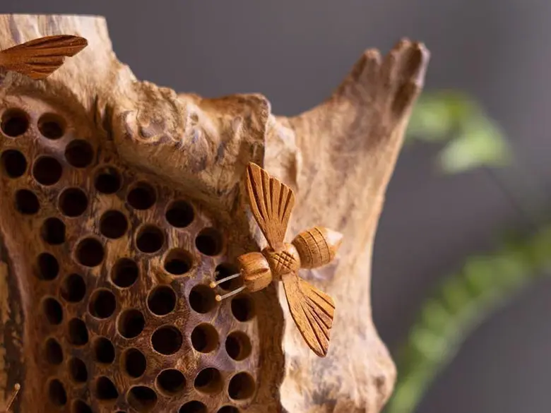 Repurposed Tabletop Wood Sculpture with Hand-Carved Bees