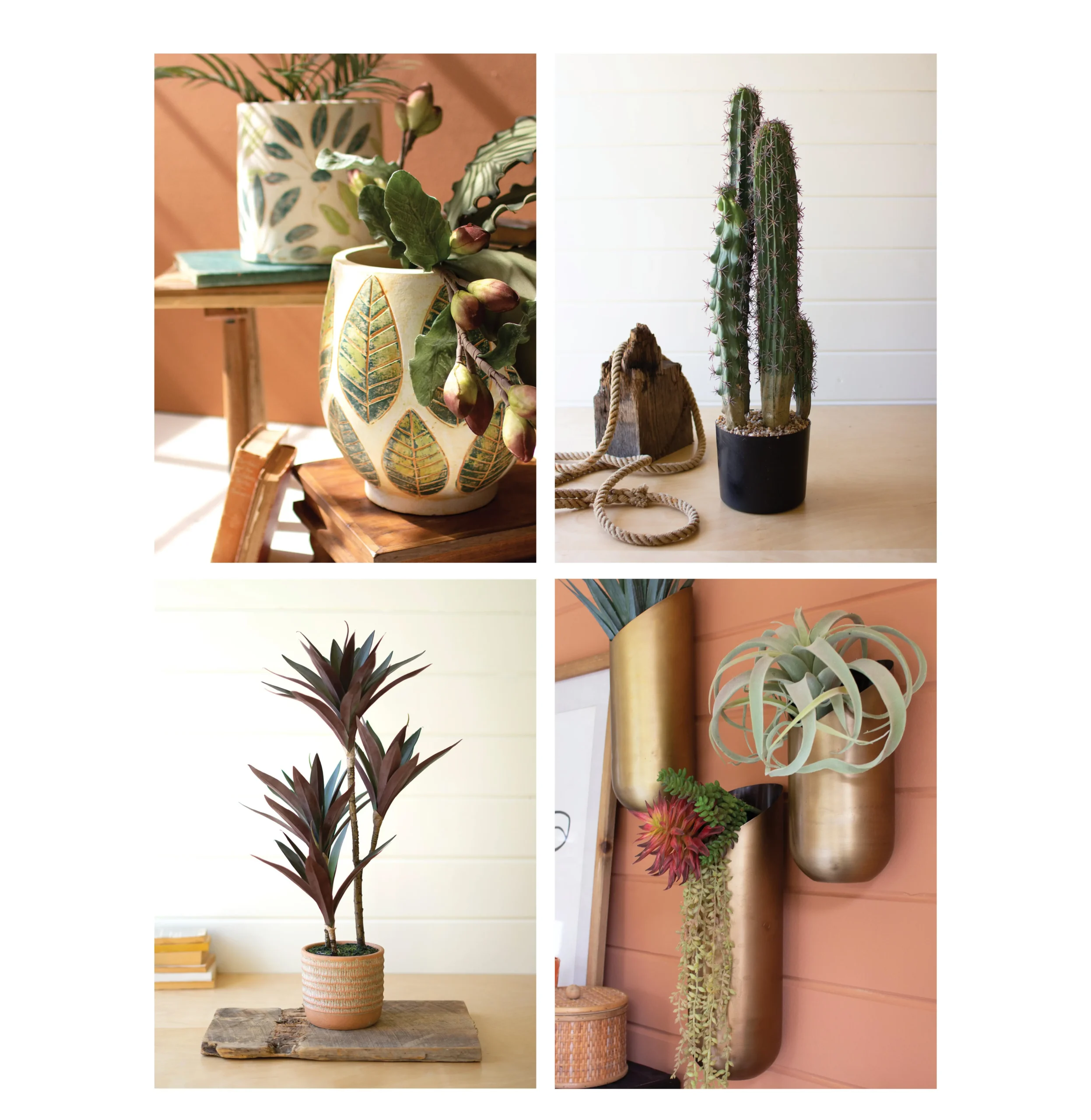 Grid of four images featuring ceramic planters, faux potted cactus, faux potted plants, and wall planters with succulents. 