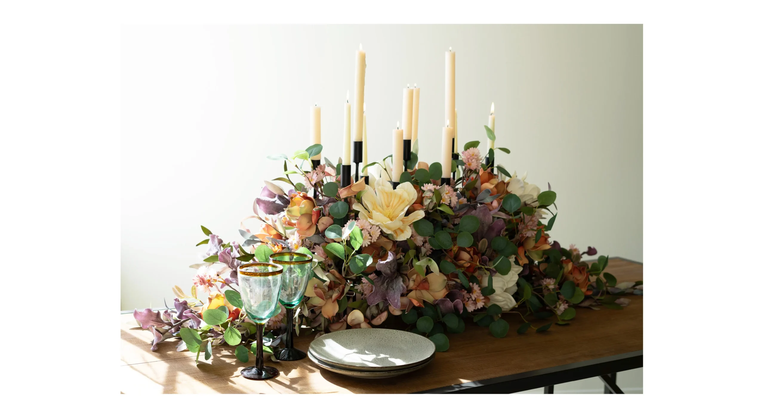 Botanica centerpiece with iron candelabra