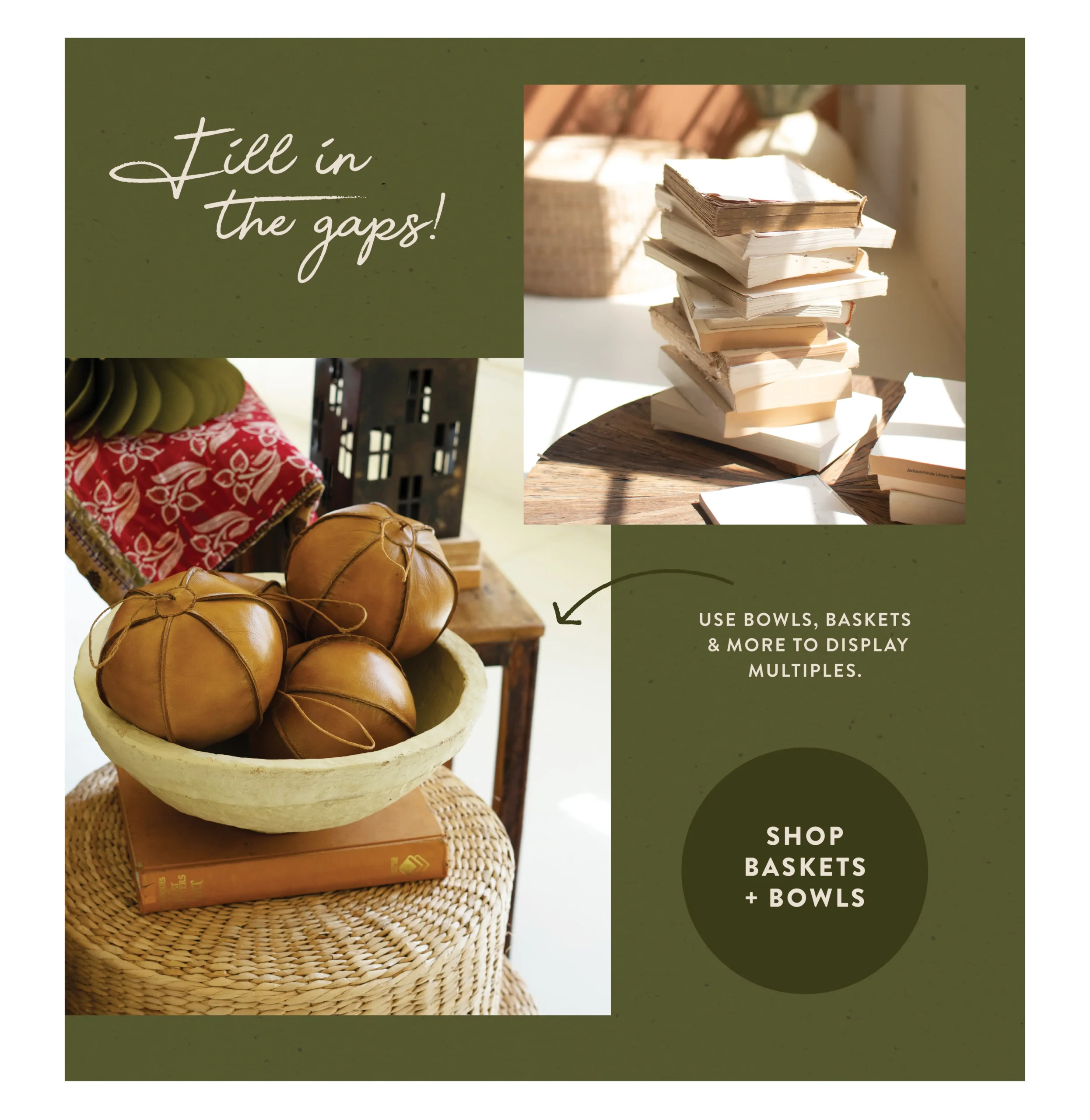 baskets and bowls and book bundles for store display
