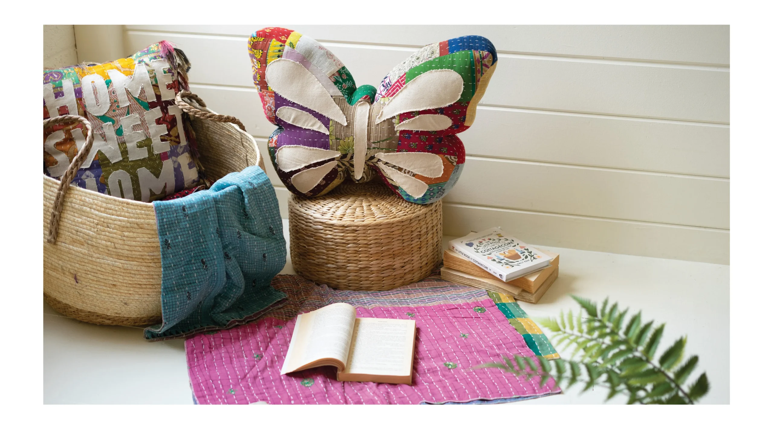 Kantha and seagrass with butterfly pillow