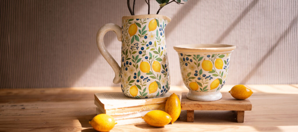 Ceramic pitcher and bowl with lemon motif