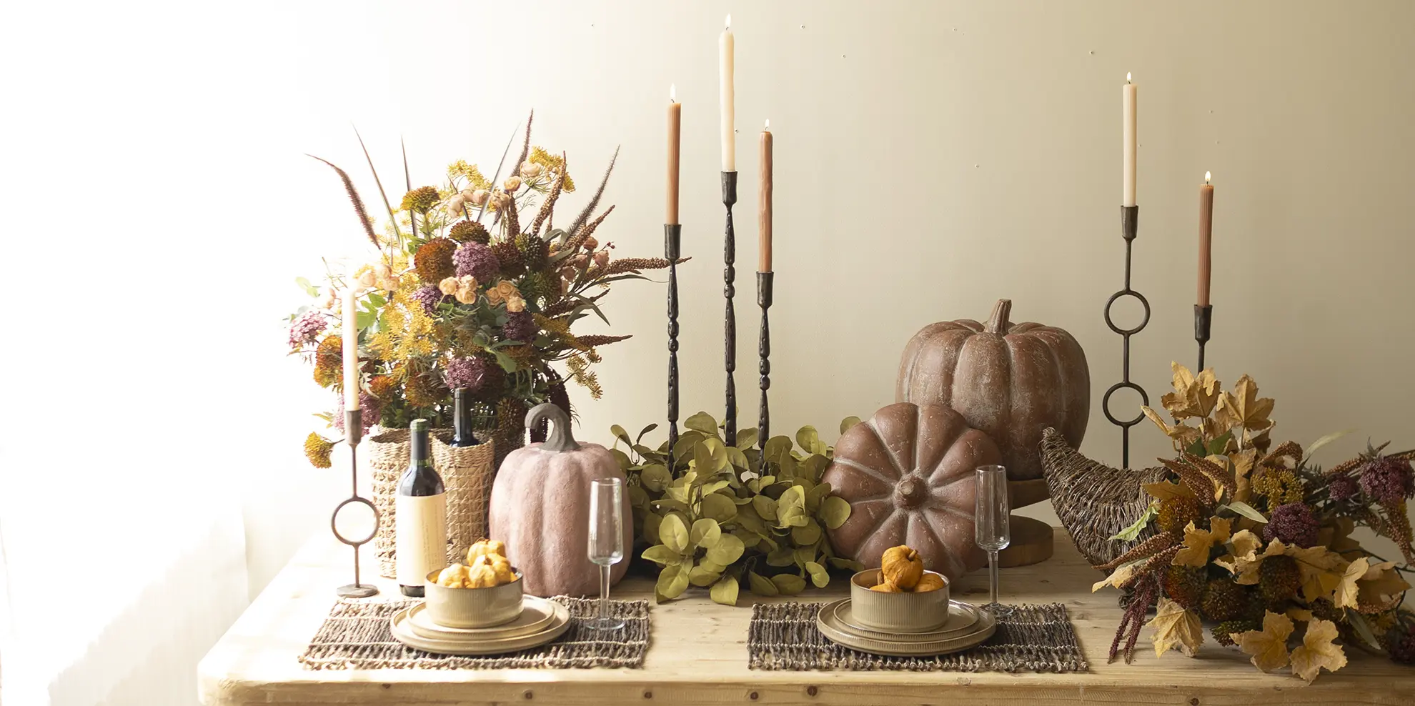 Set the scene with rich textures, warm tones, seasonal botanicals, and tabletop finds made for everything from dinner parties to Thanksgiving.