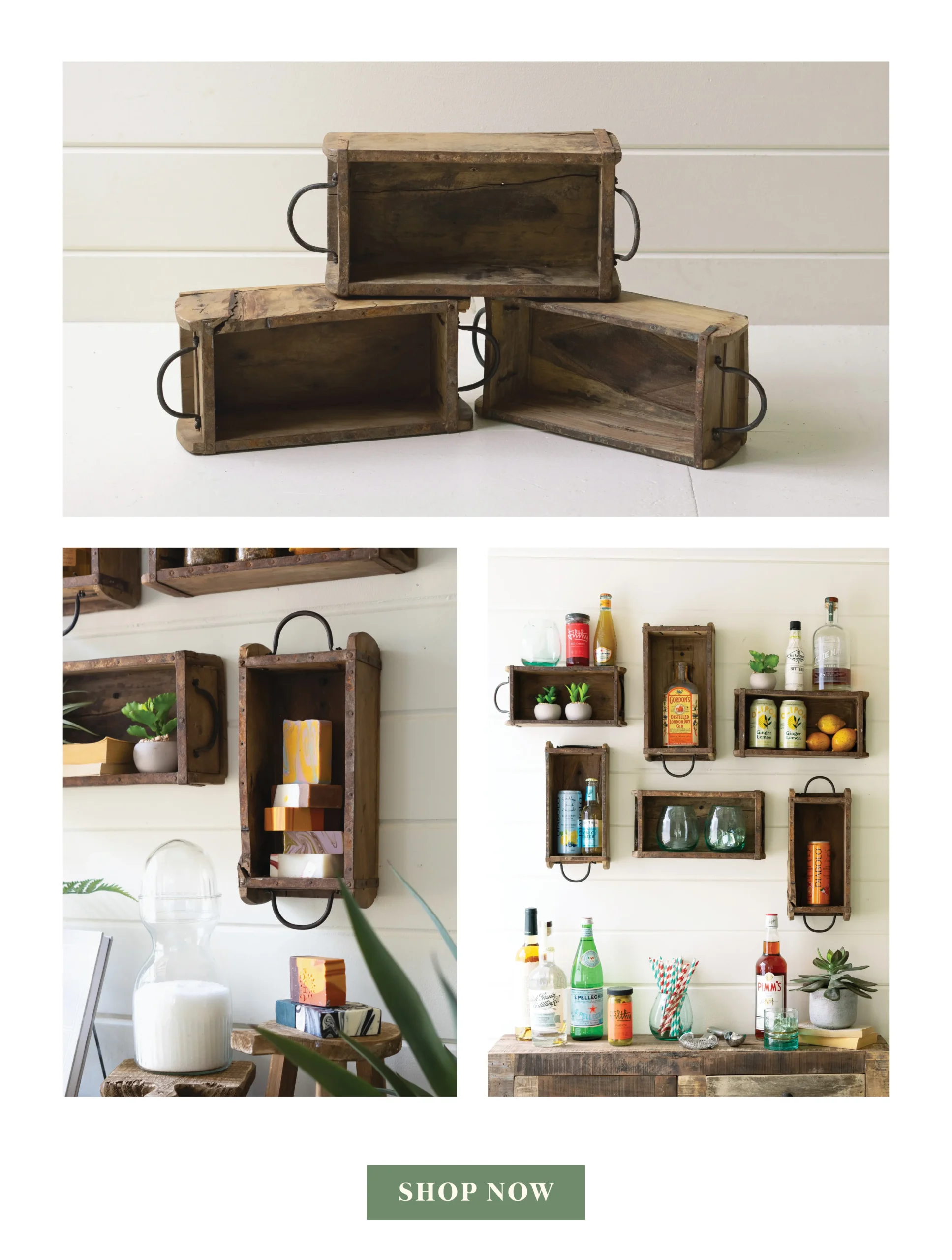 1 - Wooden brick molds, 2 - merchandised as an art display, 3 -merchandised as a bar setup