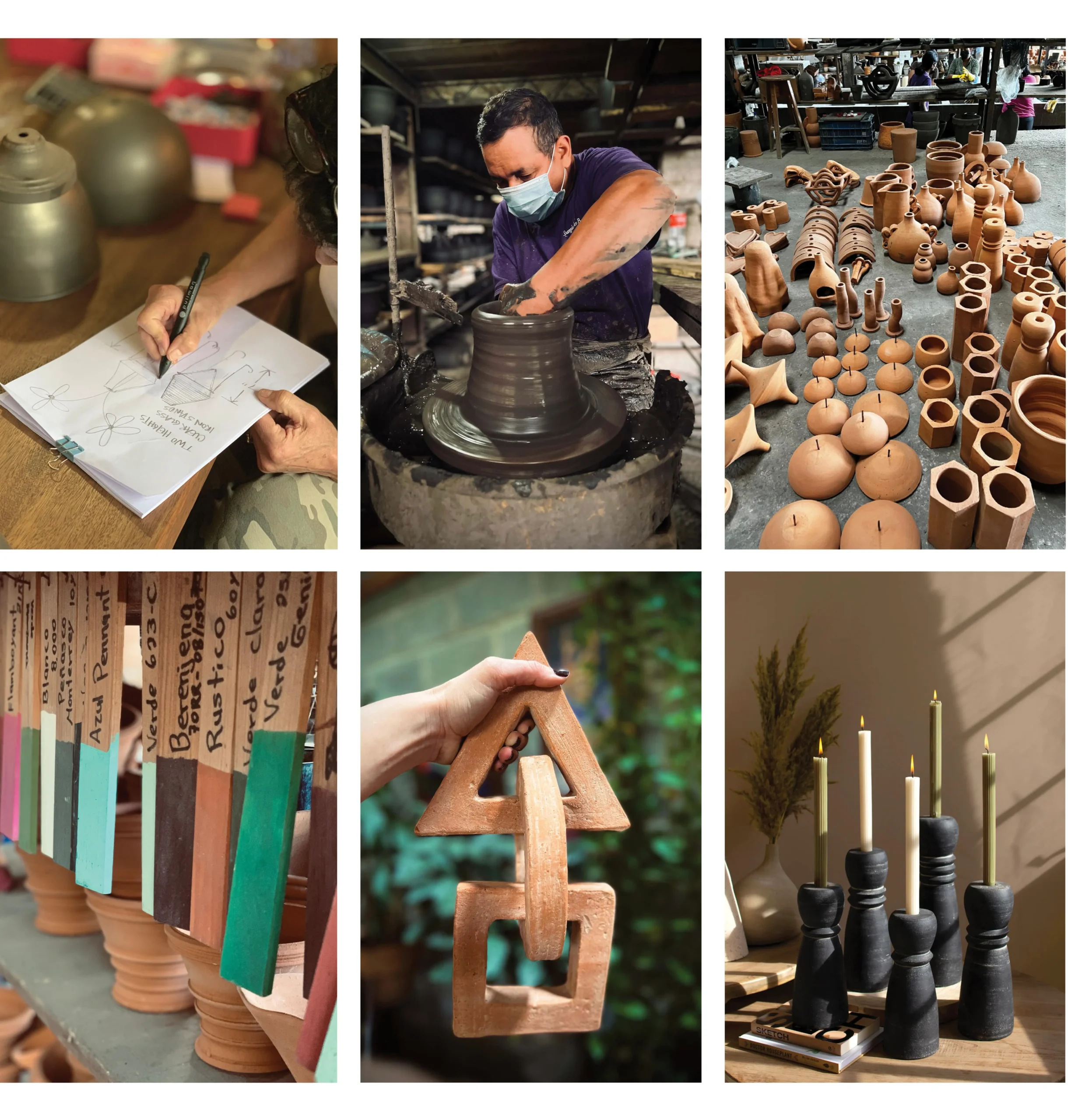 Grid of six images that show the design process from drawing, creating, firing, glazing, photographing