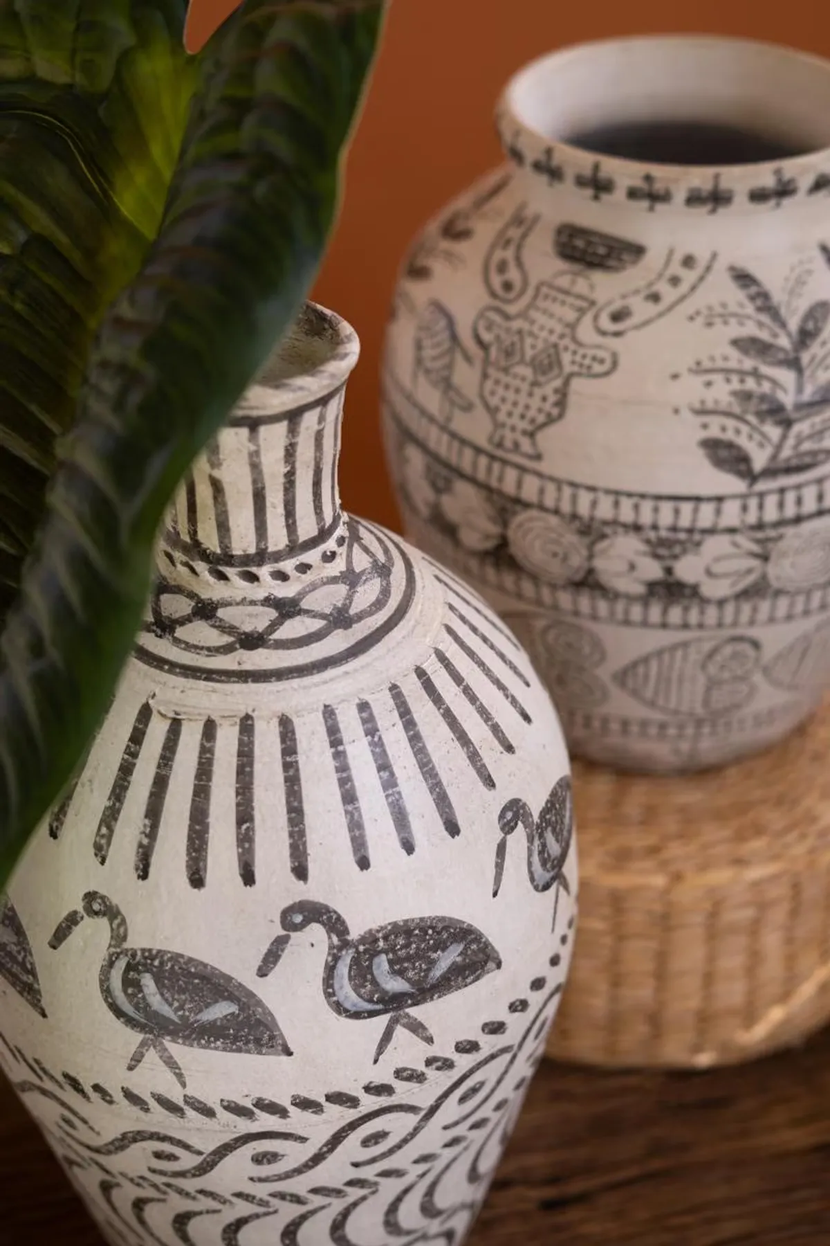 Hand-Painted Clay Bird Vases